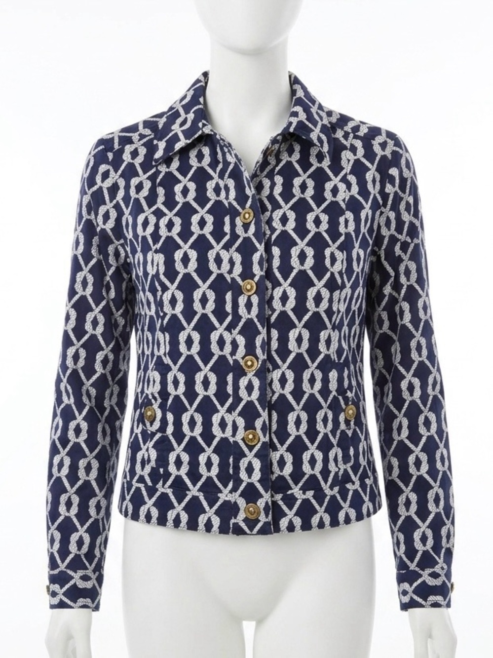ALIA Nautical Rope Print Denim-Style Jacket Navy Blue White Size 12